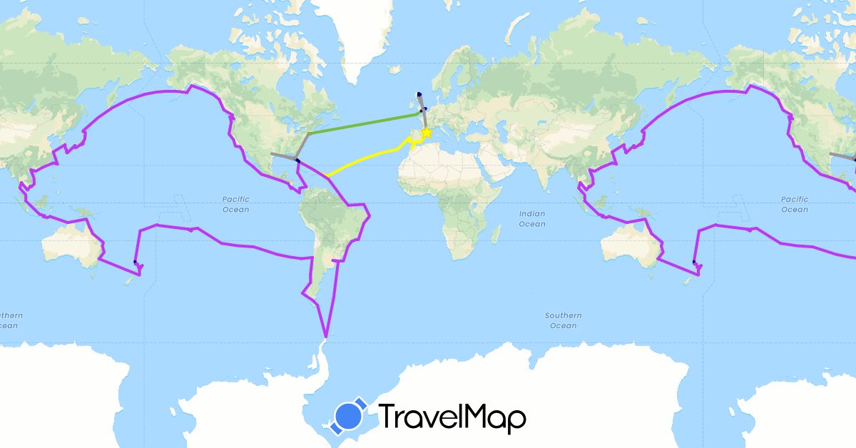 TravelMap itinerary: driving, plane, train, regent seven seas mariner, silversea ray, cunard queen mary 2 in Antigua and Barbuda, Argentina, Australia, Barbados, Brazil, Canada, Chile, China, Colombia, Costa Rica, Dominica, Spain, Fiji, Falkland Islands, France, United Kingdom, French Guiana, Gibraltar, Guatemala, Indonesia, Japan, South Korea, Cayman Islands, Morocco, Mexico, Nicaragua, New Zealand, Panama, Pitcairn Islands, Portugal, Singapore, Thailand, Taiwan, United States, Uruguay, Vietnam, Samoa (Africa, Asia, Europe, North America, Oceania, South America)