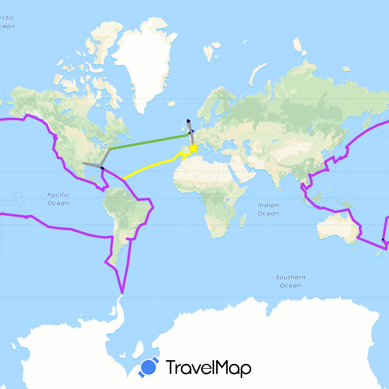 TravelMap itinerary: driving, plane, train, regent seven seas mariner, silversea ray, cunard queen mary 2 in Antigua and Barbuda, Argentina, Australia, Barbados, Brazil, Canada, Chile, China, Colombia, Costa Rica, Dominica, Spain, Fiji, Falkland Islands, France, United Kingdom, French Guiana, Gibraltar, Guatemala, Indonesia, Japan, South Korea, Cayman Islands, Morocco, Mexico, Nicaragua, New Zealand, Panama, Pitcairn Islands, Portugal, Singapore, Thailand, Taiwan, United States, Uruguay, Vietnam, Samoa (Africa, Asia, Europe, North America, Oceania, South America)