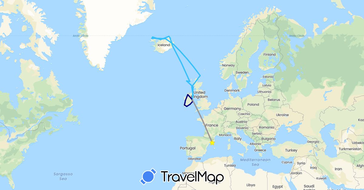 TravelMap itinerary: driving, plane, boat in Spain, United Kingdom, Ireland, Iceland (Europe)