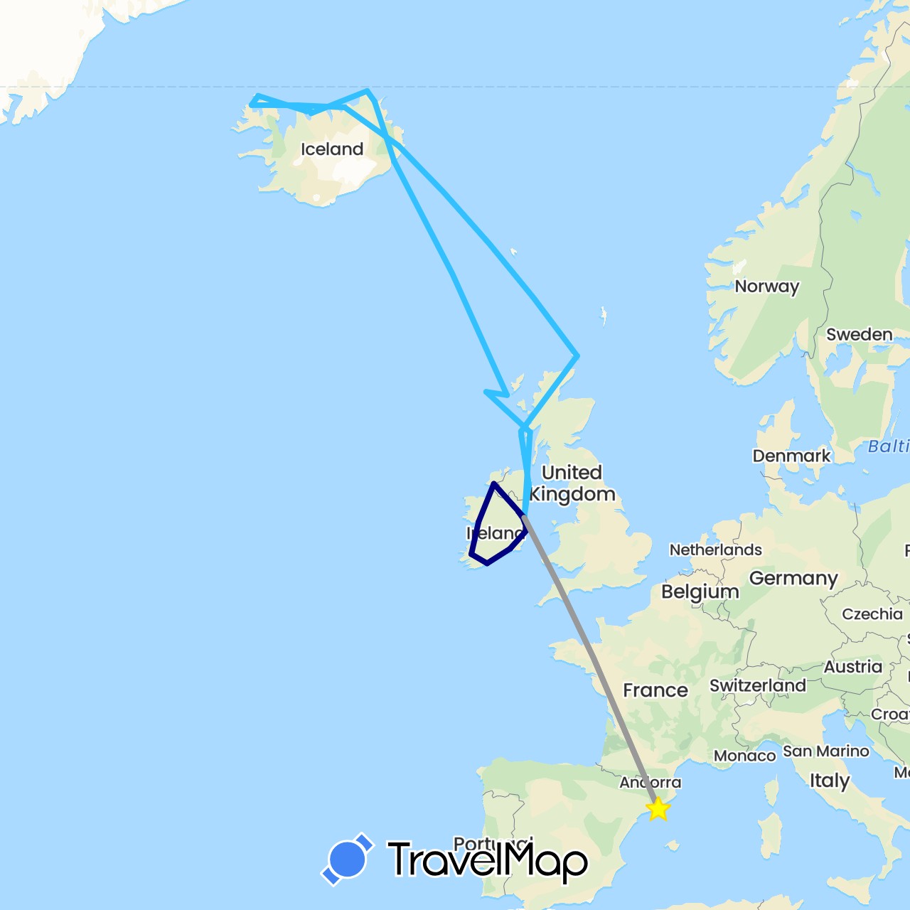 TravelMap itinerary: driving, plane, boat in Spain, United Kingdom, Ireland, Iceland (Europe)