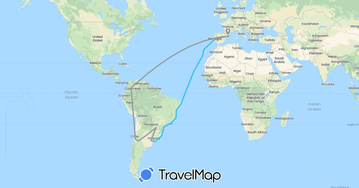 TravelMap itinerary: driving, plane, boat in Argentina, Brazil, Chile, Colombia, Cape Verde, Spain, Portugal, Uruguay (Africa, Europe, South America)