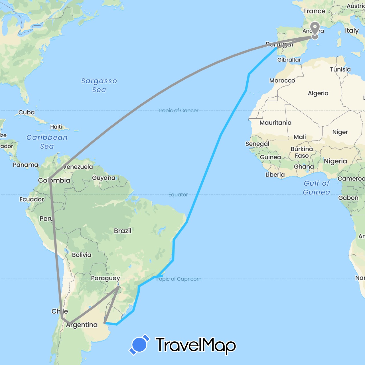 TravelMap itinerary: driving, plane, boat in Argentina, Brazil, Chile, Colombia, Cape Verde, Spain, Portugal, Uruguay (Africa, Europe, South America)