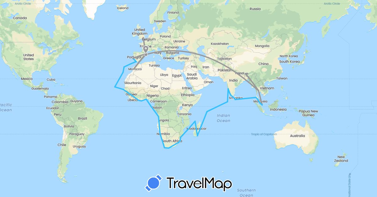 TravelMap itinerary: driving, plane, boat in Angola, Benin, Bhutan, Côte d'Ivoire, Cape Verde, Spain, France, United Kingdom, Ghana, India, Sri Lanka, Morocco, Madagascar, Maldives, Malaysia, Mozambique, Namibia, Portugal, Seychelles, Singapore, Senegal, São Tomé and Príncipe, Thailand, South Africa (Africa, Asia, Europe)