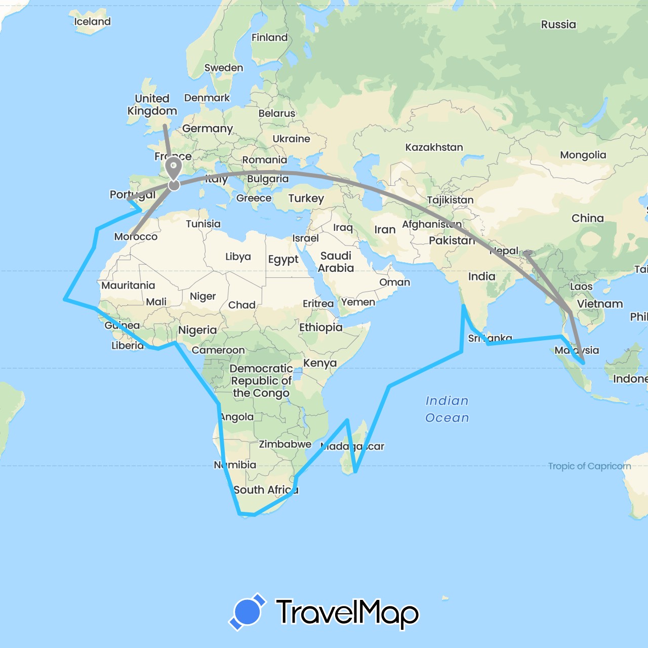 TravelMap itinerary: driving, plane, boat in Angola, Benin, Bhutan, Côte d'Ivoire, Cape Verde, Spain, France, United Kingdom, Ghana, India, Sri Lanka, Morocco, Madagascar, Maldives, Malaysia, Mozambique, Namibia, Portugal, Seychelles, Singapore, Senegal, São Tomé and Príncipe, Thailand, South Africa (Africa, Asia, Europe)