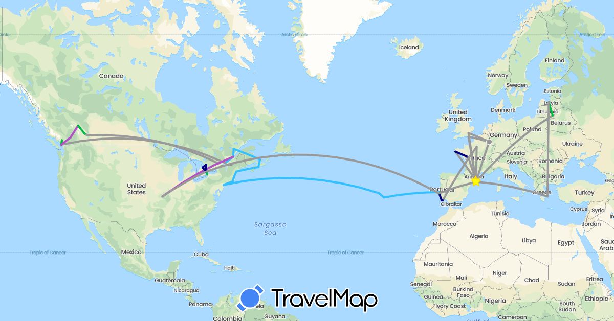 TravelMap itinerary: driving, bus, plane, train, boat in Canada, Spain, France, United Kingdom, Greece, Lithuania, Luxembourg, Latvia, Portugal, United States (Europe, North America)