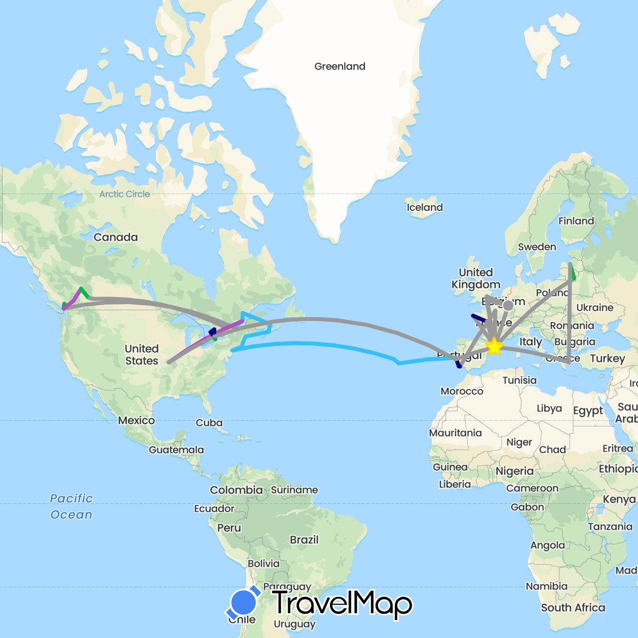 TravelMap itinerary: driving, bus, plane, train, boat in Canada, Spain, France, United Kingdom, Greece, Lithuania, Luxembourg, Latvia, Portugal, United States (Europe, North America)